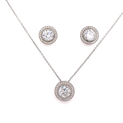 White Polished Sterling Silver Round Halo Fashion Pendant & Earrings J