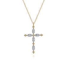 Yellow 14 Karat Marquise Shape With Beaded Stations Cross Pendant Leng