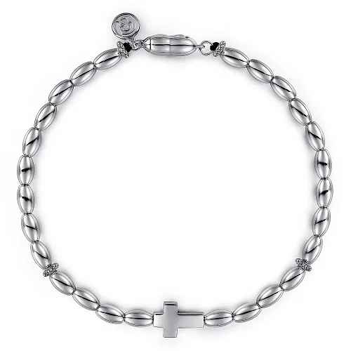 Cross with Beaded Links Bracelet | White Sterling Silver