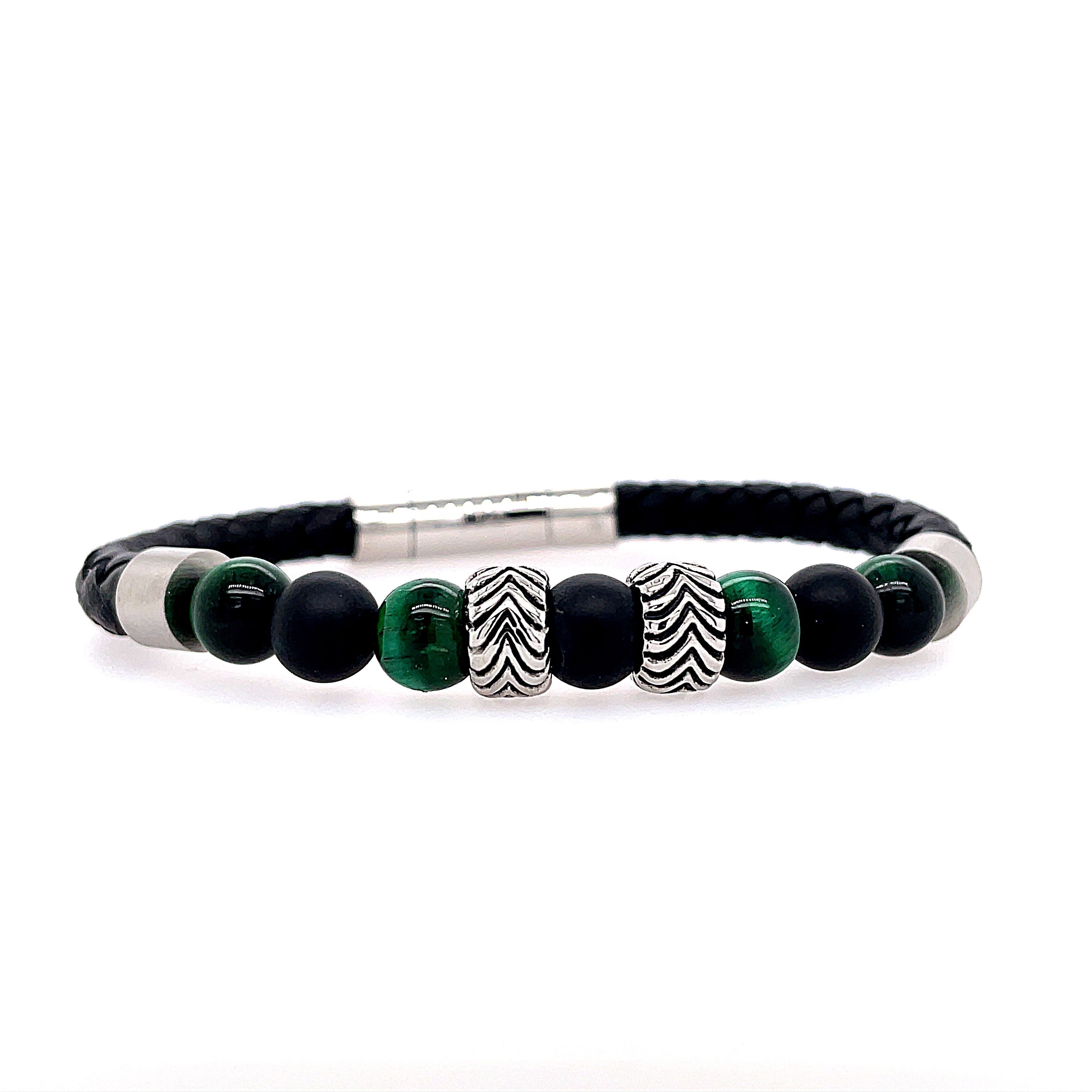 White Stainless Steel Black Leather Bracelet With Malachite Stones, 8"