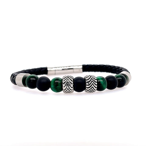 White Stainless Steel Black Leather Bracelet With Malachite Stones, 8"