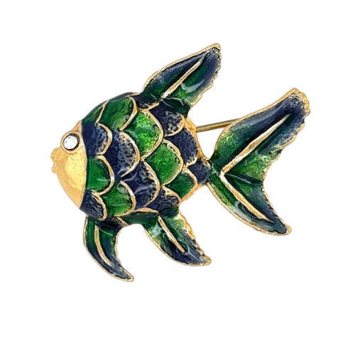 Enamel Fish Brooch | Gold Plated Green Enamel