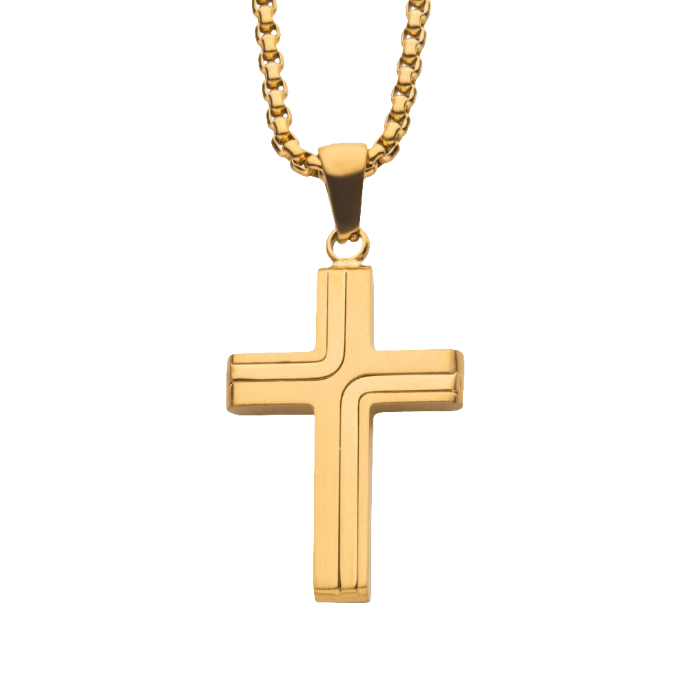 Cross With Round Box Chain | Yellow 18Kt Gold Ip Steel