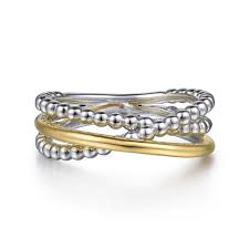 White/Yellow Sterling Silver/14Kt Beaded Crossover Ring Size 6.5