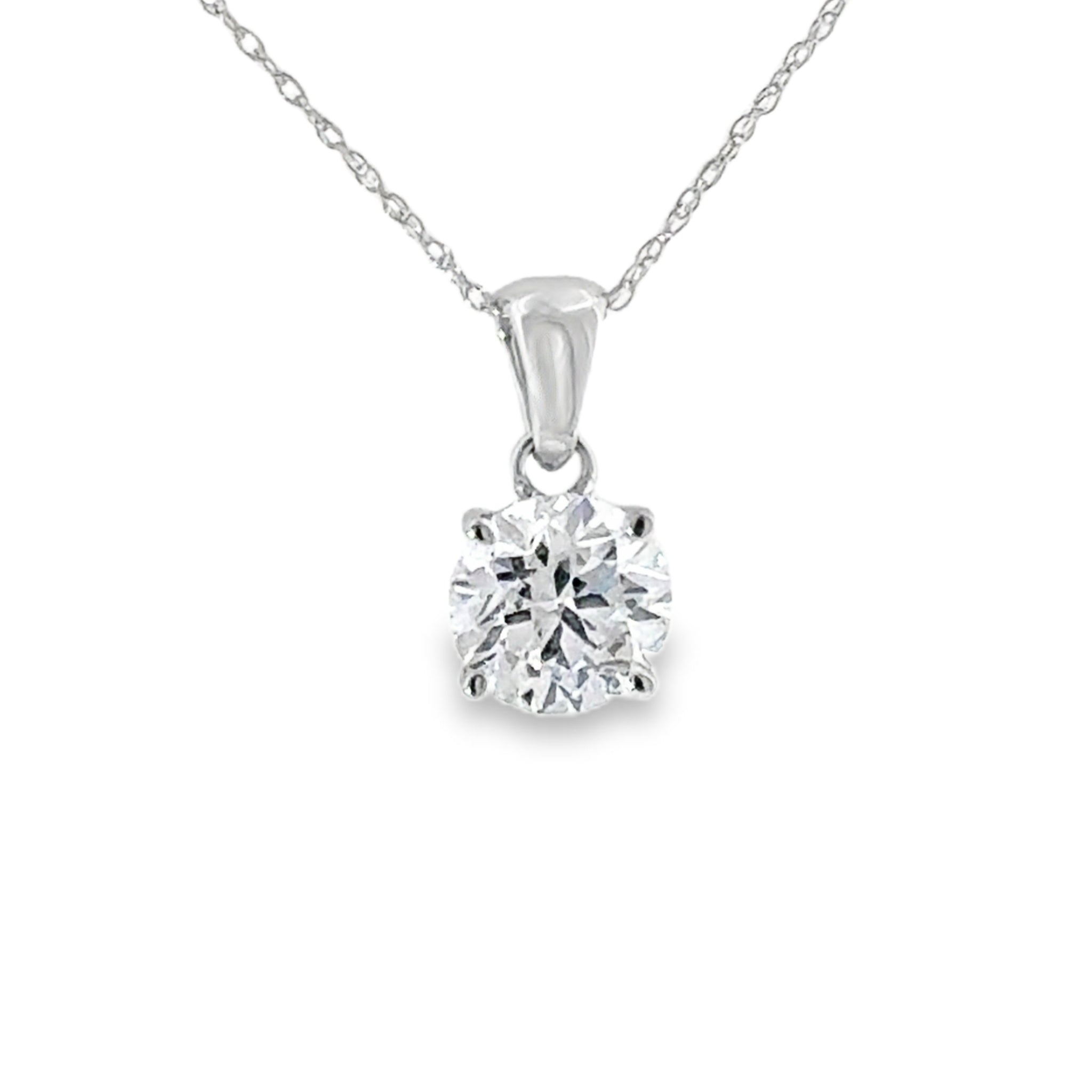 Lady's White 14 Karat Four Prong Solitaire Pendant Lab Created Necklace With One = 1.50Ct Round F/G Vs2 Lab Created Diamond