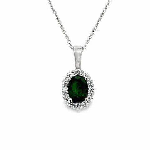 14 Karat White Gold Halo Pendant with 7x5mm, "AA" Oval Cut Emerald, with Round Brilliant Cut Diamonds