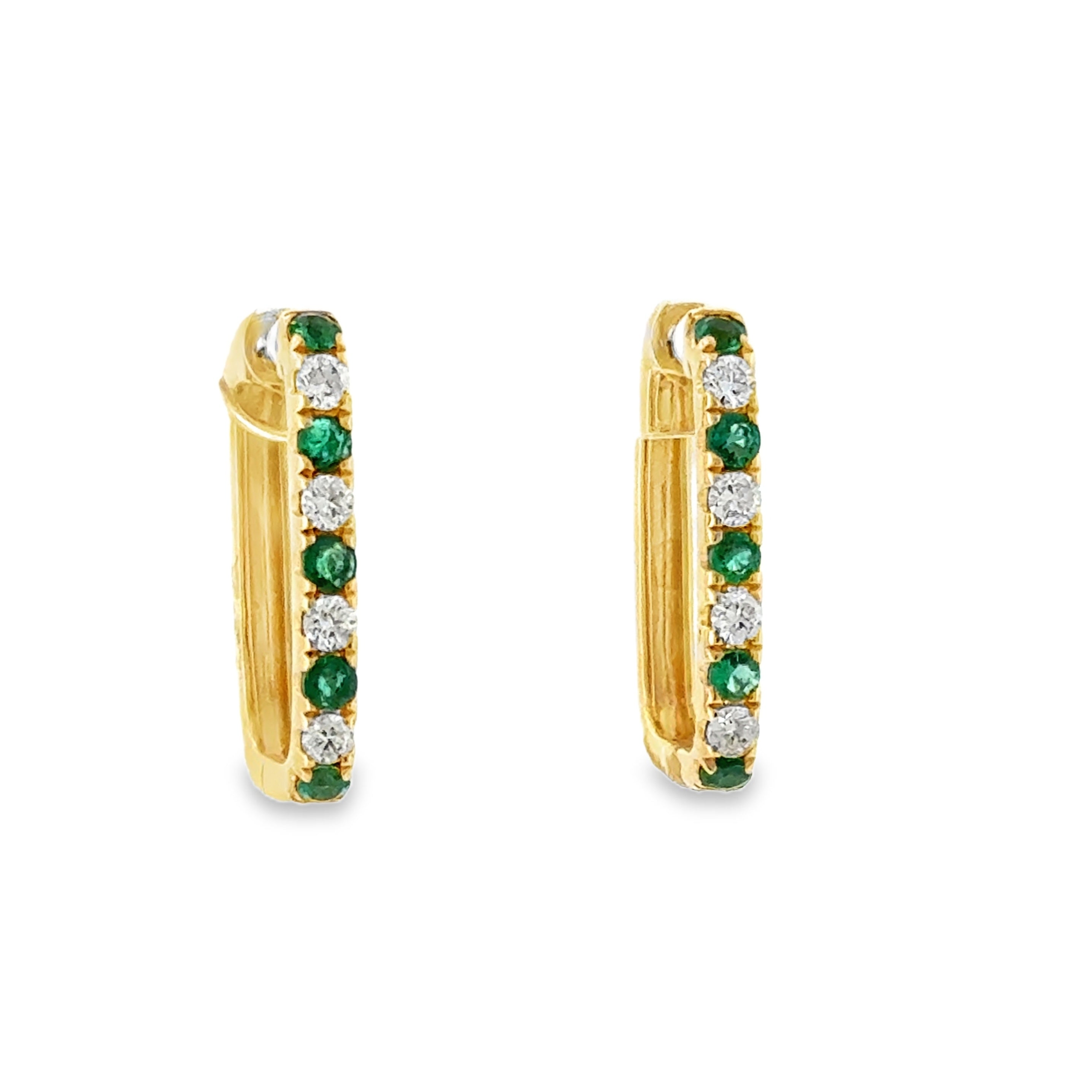 14 Karat Yellow Gold Elongated Prong Set Hoops with .42ctw Emeralds and .32ctw Round Diamonds