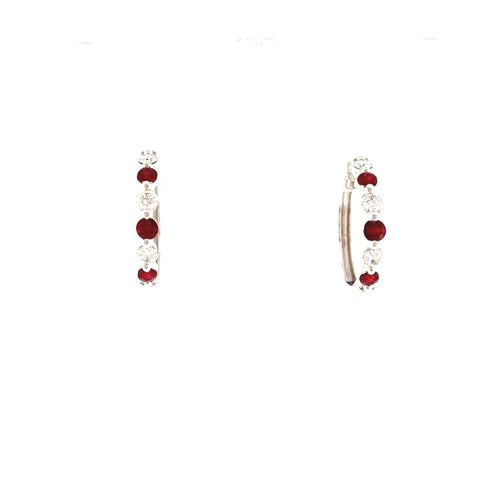 14 Karat White Gold Prong Set Alternating Ruby and Diamond Hoop Earrings