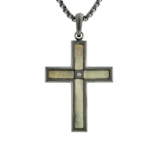 Gent's Steel Gunmetal Matte Finish Deer Antler Cross Pendent. 24in Chain