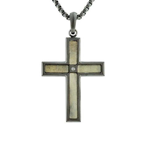 Gent's Steel Gunmetal Matte Finish Deer Antler Cross Pendent. 24in Chain