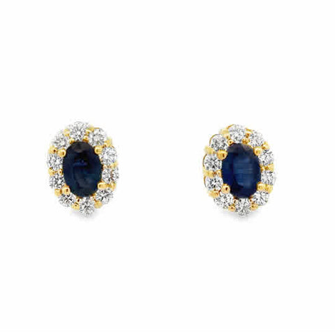 14 Karat Yellow Gold Halo Fashion Earrings with 6x4mm, "Better" Oval Cut Sapphires, and Round Brilliant Cut Diamonds