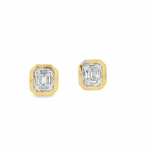 14 Karat Yellow Gold Cluster Bezel Earrings with 0.13tw Baguette G/H Si1 Diamonds and 0.03tw Various Shape G/H Si1 Diamonds
