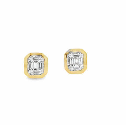 14 Karat Yellow Gold Cluster Bezel Earrings with 0.13tw Baguette G/H Si1 Diamonds and 0.03tw Various Shape G/H Si1 Diamonds