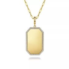 Elongated Engravable Medallion with Halo Pendant | 14k Yellow