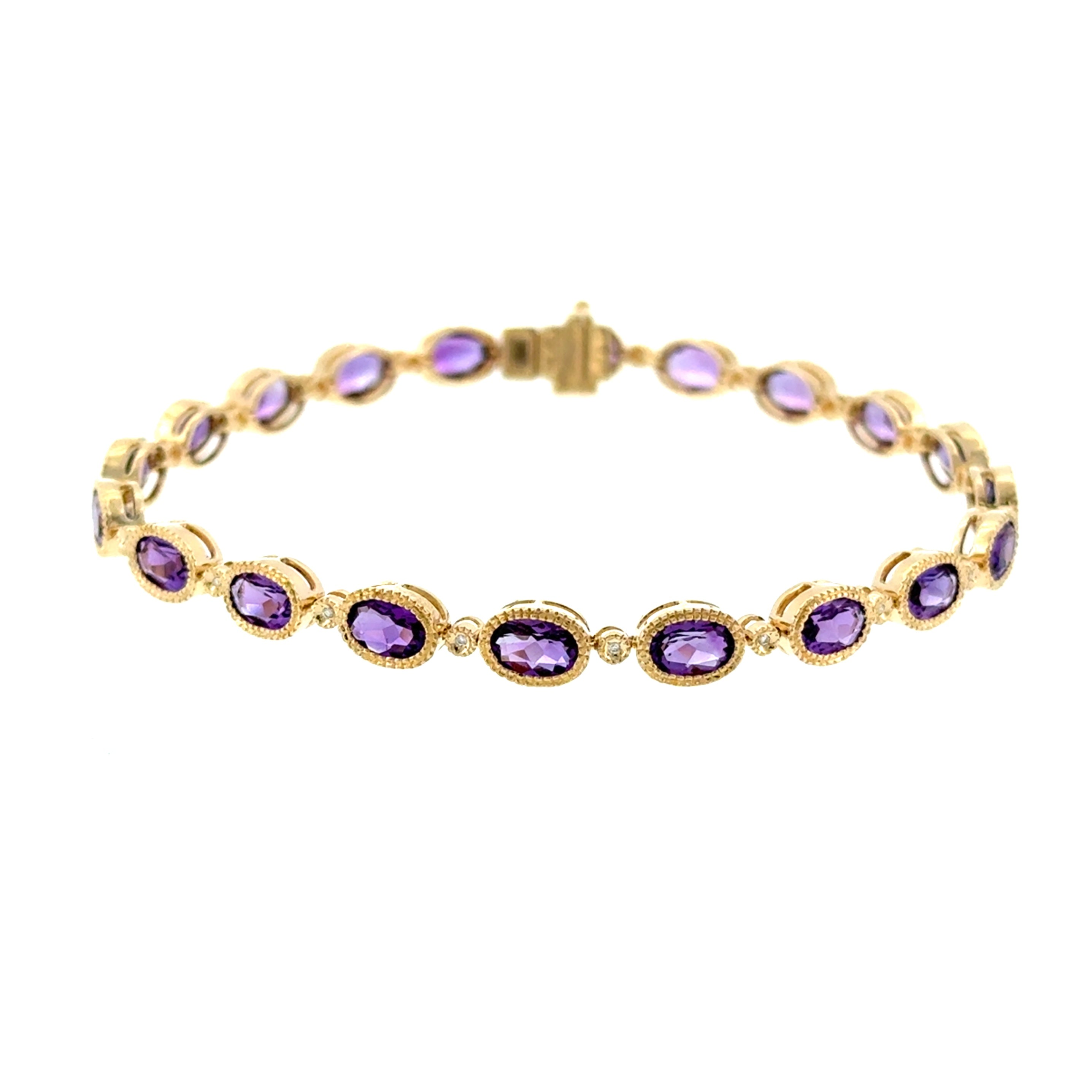 14 Karat Yellow Gold Oval Link 6.86ctw Amethyst and .04ctw Round Brilliant Cut Diamonds Bracelet
