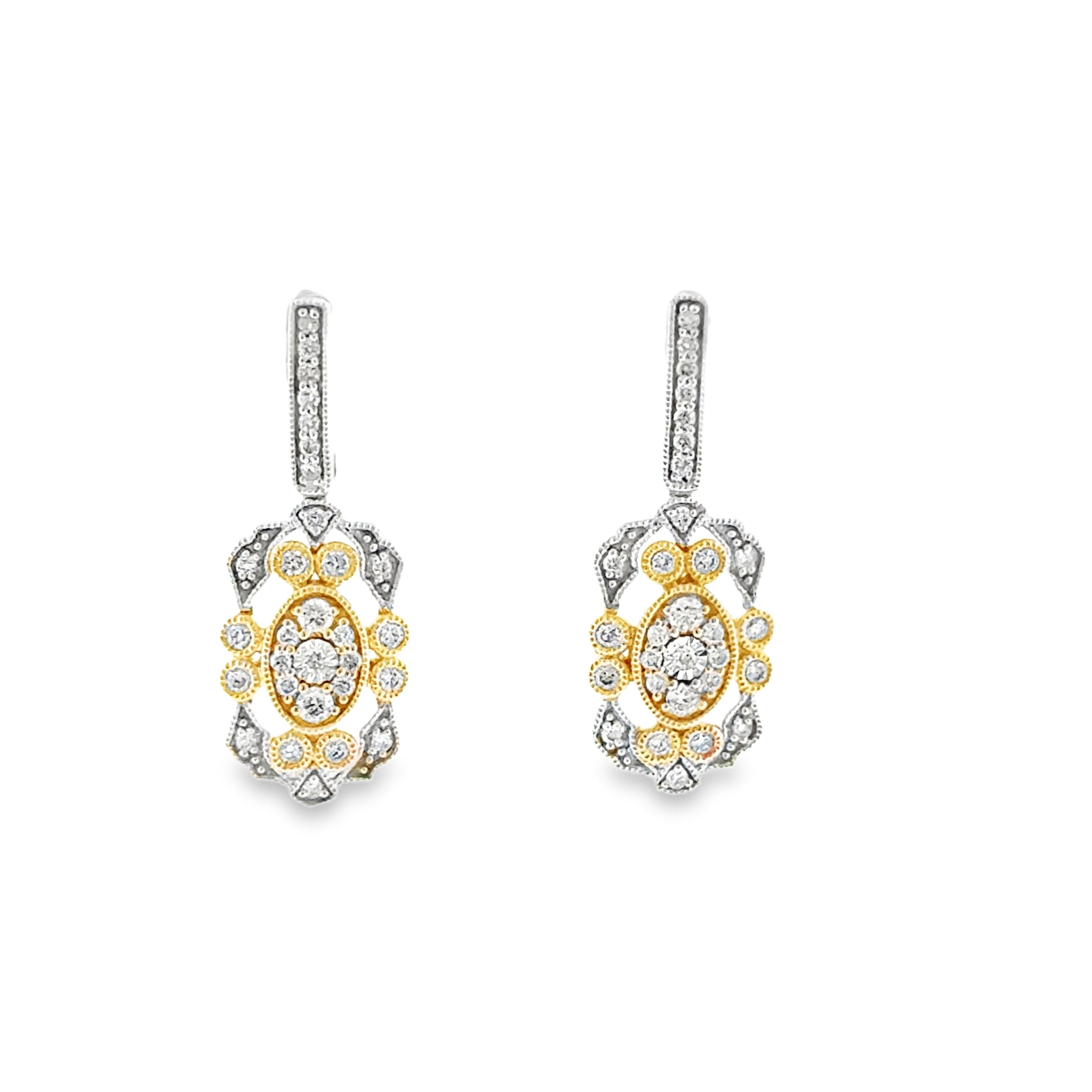 14 Karat Yellow and White Gold Vintage Dangle Earrings with .37ctw Round Brilliant Cut Diamonds