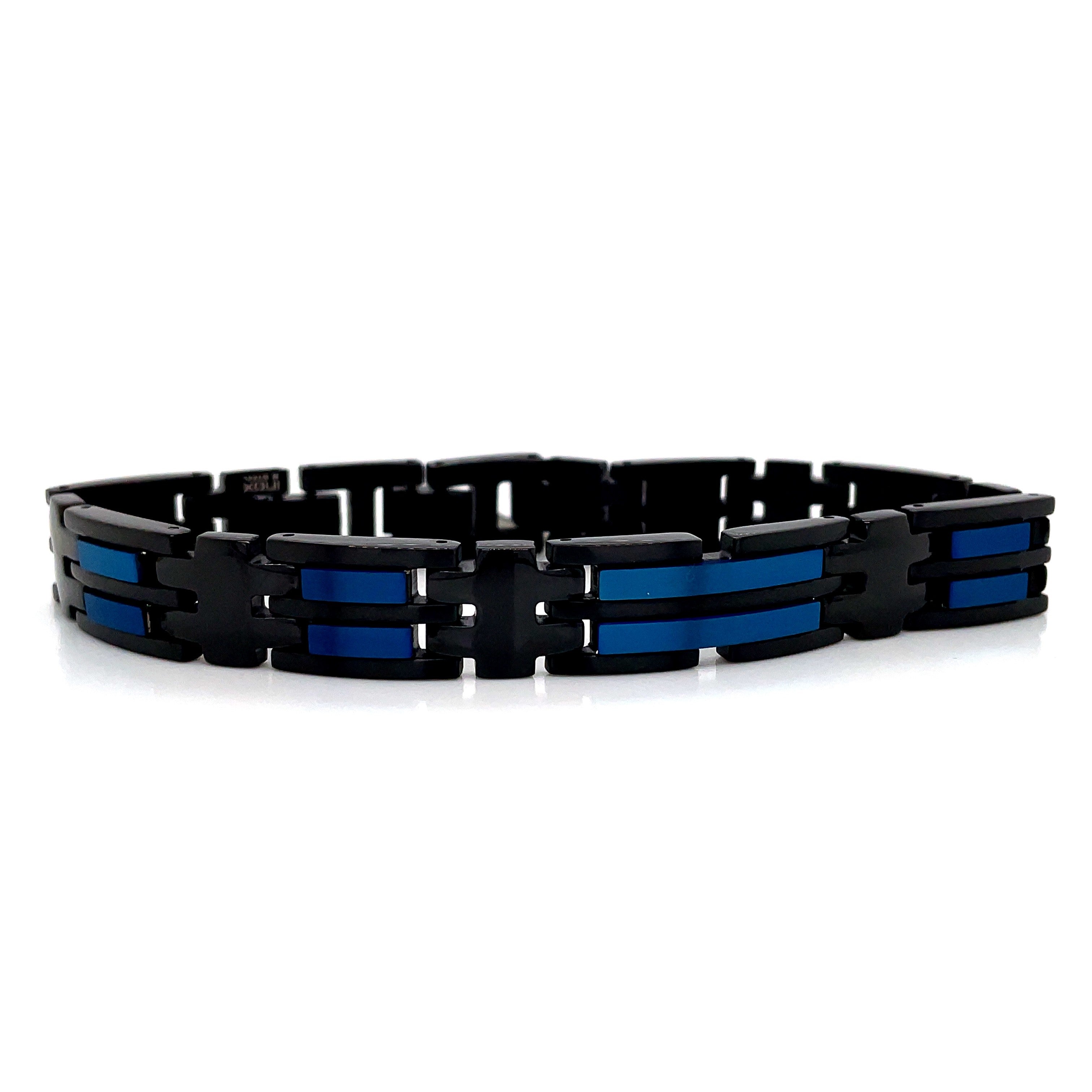 Black & Blue Stainless Steel Ip Matte Lined Bracelet Fashion Jewelry