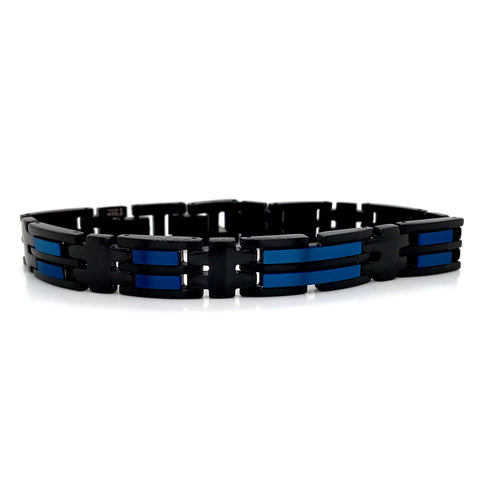 Black & Blue Stainless Steel Ip Matte Lined Bracelet Fashion Jewelry