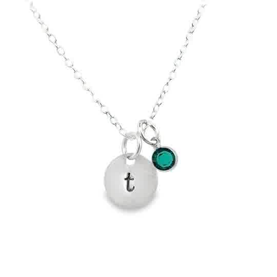Lady's White Sterling Silver Dainty Initial & Birthstone Necklace Worn