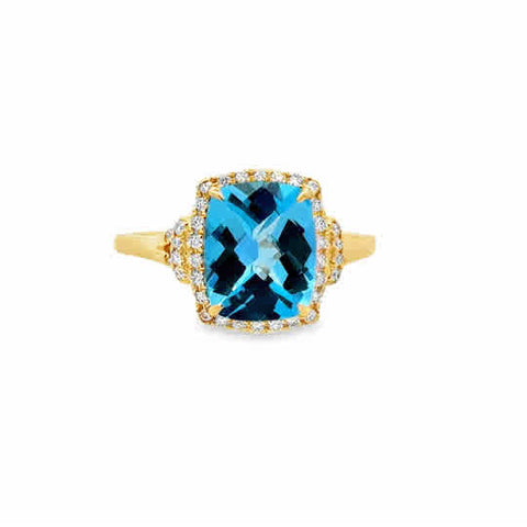 14ky Halo Fashion Ring 3.30ctw Blue Topaz, and .18ctw Rnd Diamonds