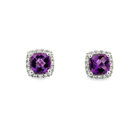 Lady's White 14 Karat Cushion Halo Stud Earrings 2 = 2.20tw Cushion Am