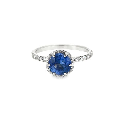 14 Karat White Gold Crown Halo Fashion Ring with 1.75ct Round Sapphire and .37 Carats of Round Brilliant Cut Diamonds