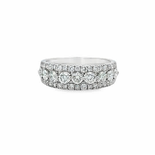 18 Karat White Gold, Three Row Fashion Ring with 1.25ctw Round Brilliant Cut Diamonds