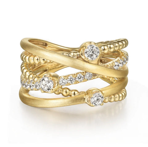 Lady's Yellow 14 Karat Bujukan Criss Cross Fashion Ring Size 6.5 = 0.49tw Round G/H SI2 Diamonds