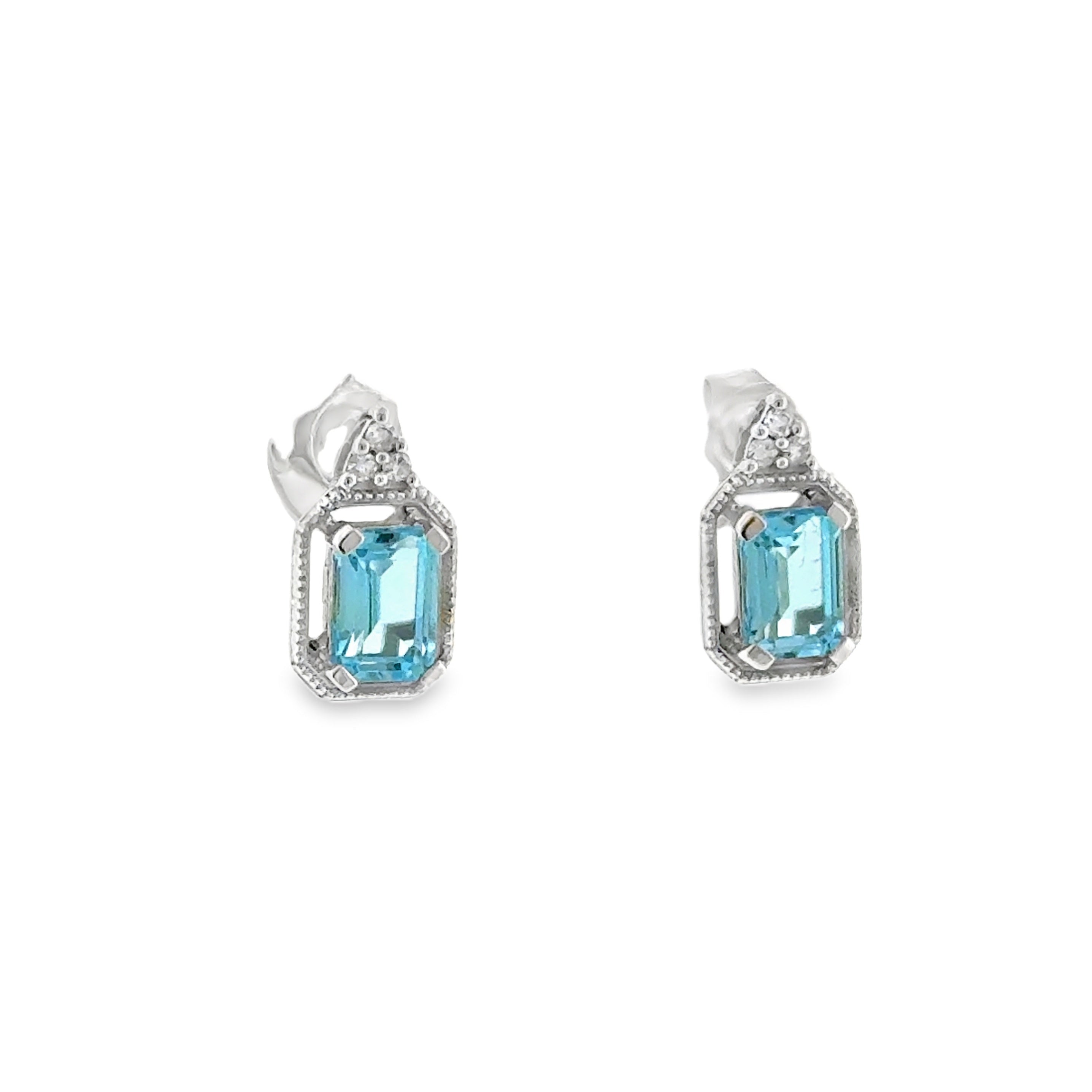 Sterling Silver Vintage Halo Fashion Earrings with 1.37ctw Blue Topaz and .05ctw Round Diamonds