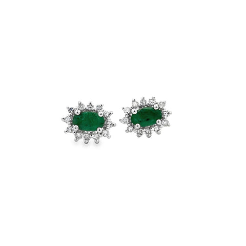 Emerald Halo Studs Earrings | 14k White