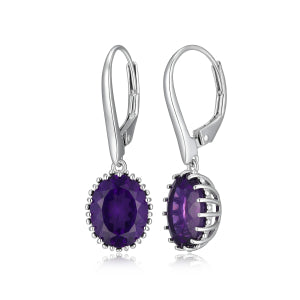 Lady's White Sterling Silver Oval Dangle Earrings 2 Oval Amethysts