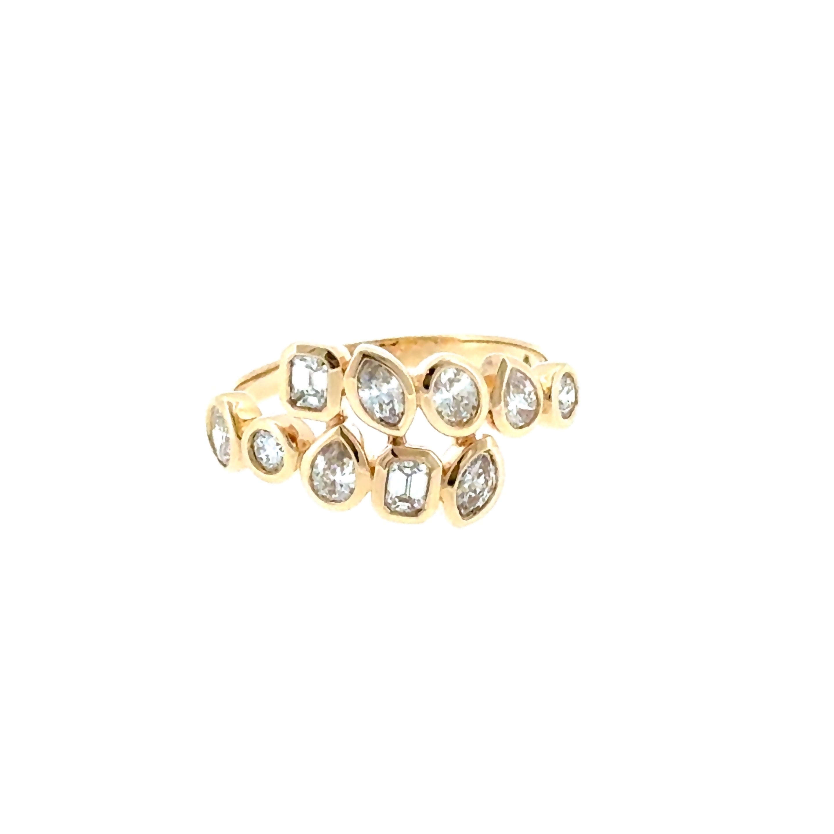 14 Karat Yellow Gold Bezel Set Crossover Fashion Ring with .85ctw Various Shape Diamonds