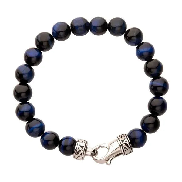 10mm Blue Tiger Eye Stone Bead Bracelet with Stainless Steel Clasp