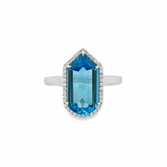 Ladies 14 Karat White Gold 5.63ct Blue Topaz Fashion Ring with .18ctw Round Brilliant Cut Diamonds.