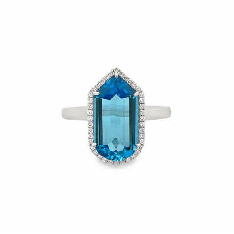 Ladies 14 Karat White Gold 5.63ct Blue Topaz Fashion Ring with .18ctw Round Brilliant Cut Diamonds.