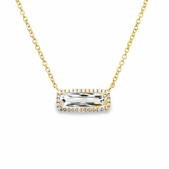 18 Karat Yellow Gold Fashion Necklace with 1.77ct White Topaz Surrounded by a Halo of .12ctw Round Brilliant Cut Diamonds, Soldered Stationary to a Link Style Chain.