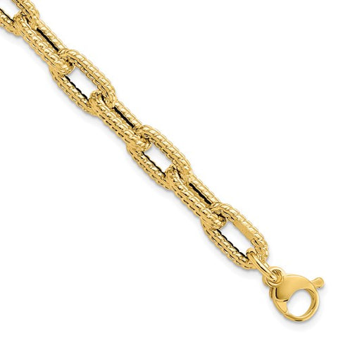 "Radiant Glow: Discover the Timeless Beauty of our Yellow 14 Karat Textured Fancy Link Hollow Bracelet"