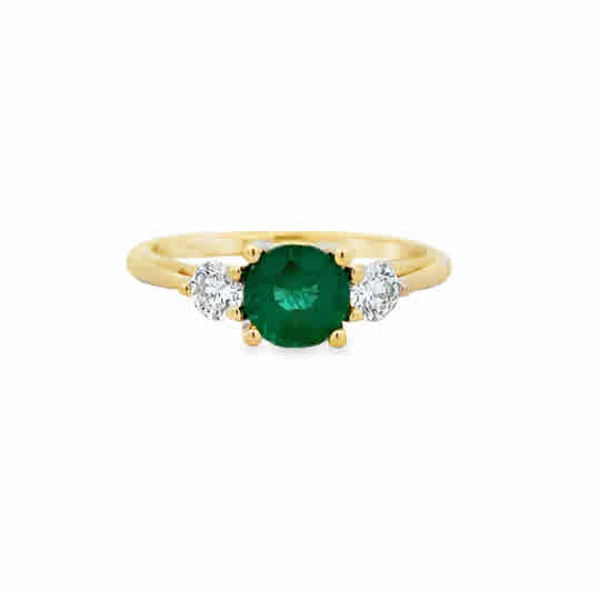 14 Karat Yellow Gold,  Three Stone Ring with a Round Cut Emerald, and Round Brilliant Cut Diamonds