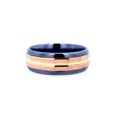 White/Yellow Tantalum/14K 8Mm Lined, Faceted Center Wedding Band