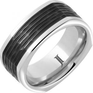 White Serinium 9Mm Black Ceramic With Bark Center Wedding Band Size 10