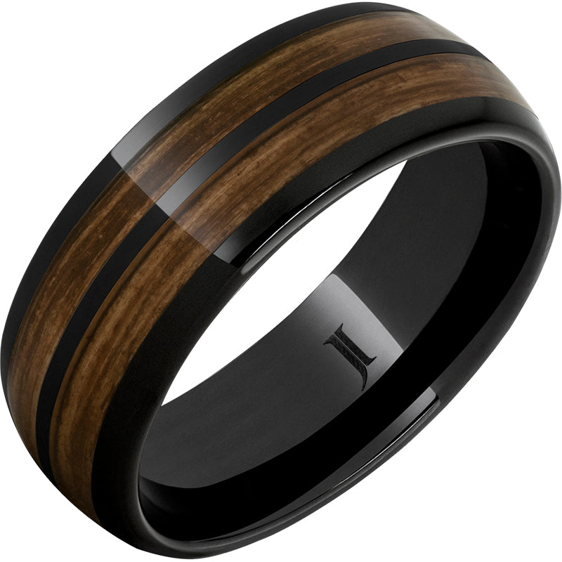 Gent's Black Ceramic 8Mm Dome With Two 2Mm Rows Bourbon Gents Ring Size 9.5