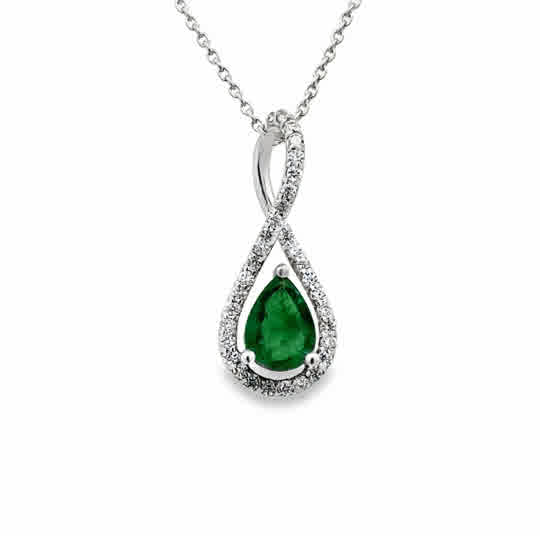 14 Karat White Gold Swirl Pendant with 7x5mm, "A" Pear Cut Emerald, with Round Brilliant Cut Diamonds