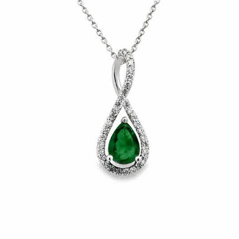 14 Karat White Gold Swirl Pendant with 7x5mm, "A" Pear Cut Emerald, with Round Brilliant Cut Diamonds