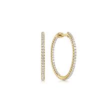 14K Yellow Gold French Pave' 20mm Round Inside Out Diamond Hoop