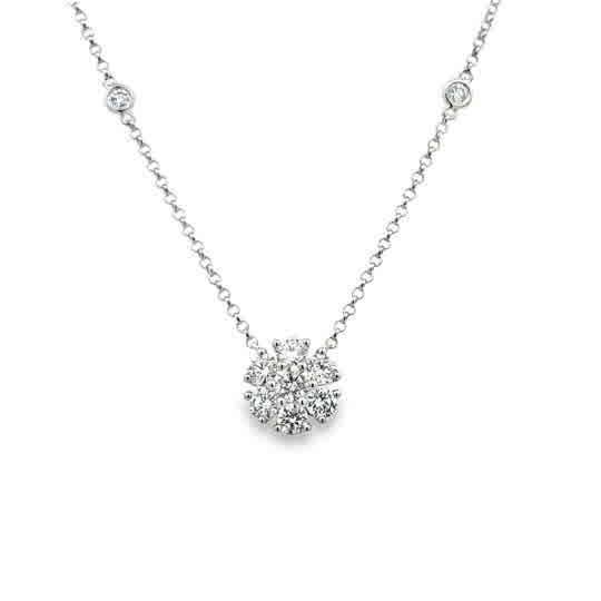 Lady's White 18 Karat Flower Necklace Length 16 With 13 = 0.83Tw Round