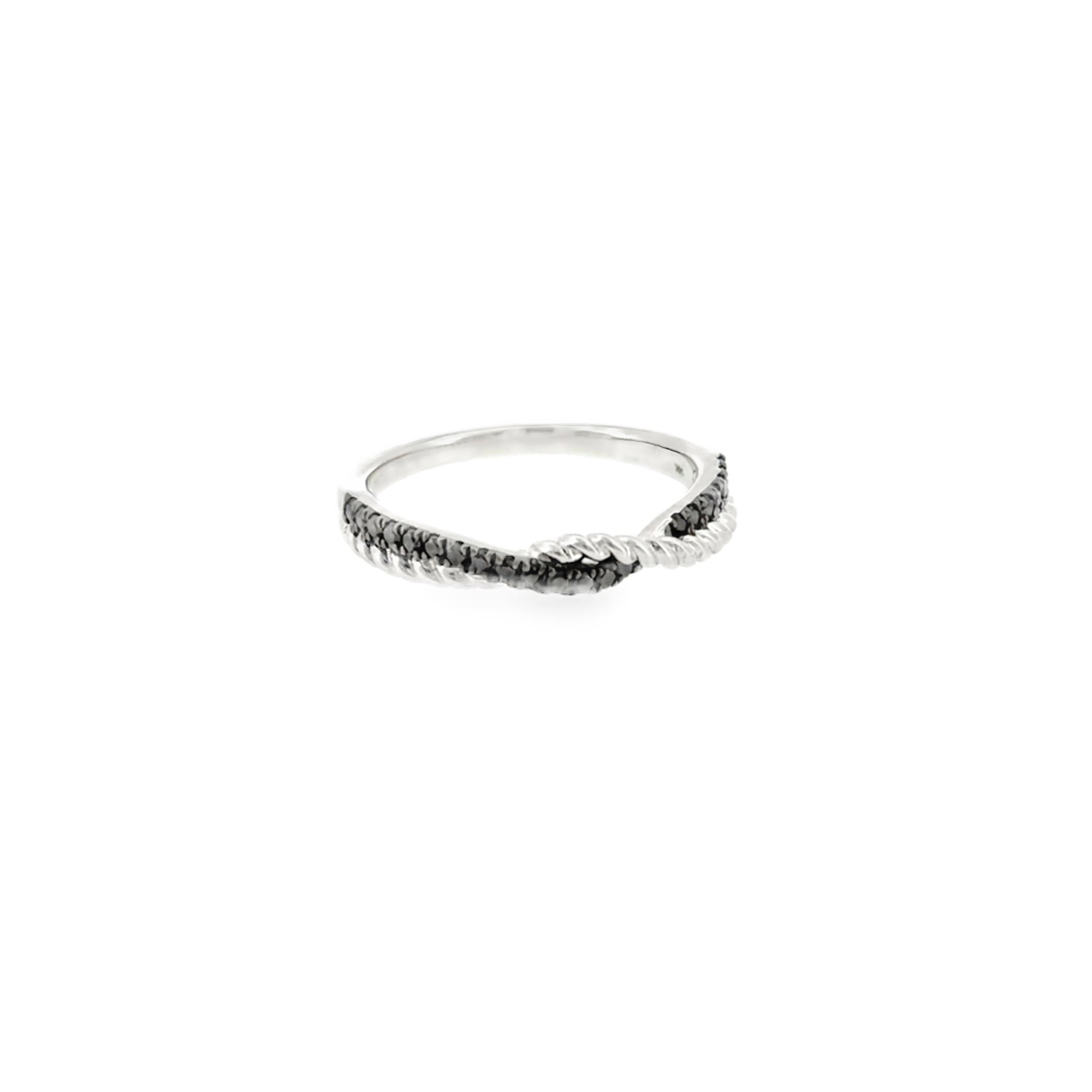 14 Karat White Gold Twist Anniversary Ring with Treated Black Diamonds and Round Brilliant Cut Diamonds