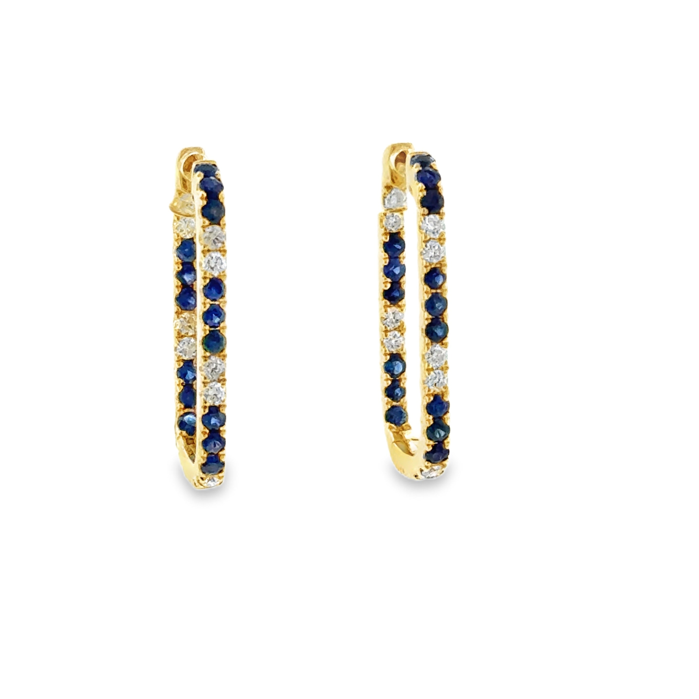 14 Karat Yellow Gold Prong Set Hoops with 1.12ctw Round Sapphires and .51ctw Round Diamonds