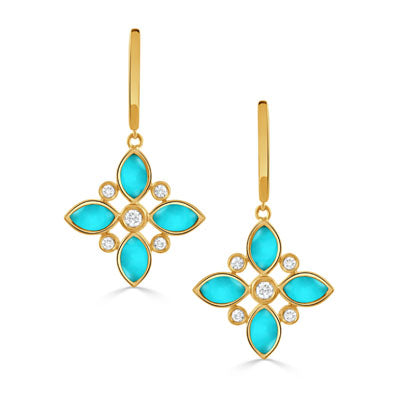 Lady's Yellow 18 Karat Bezel Dangles Earrings 8 = 3.16tw Marquise Clear Quartz Over Turquoises
10 = 0.23tw Round G/H SI1 Diamonds