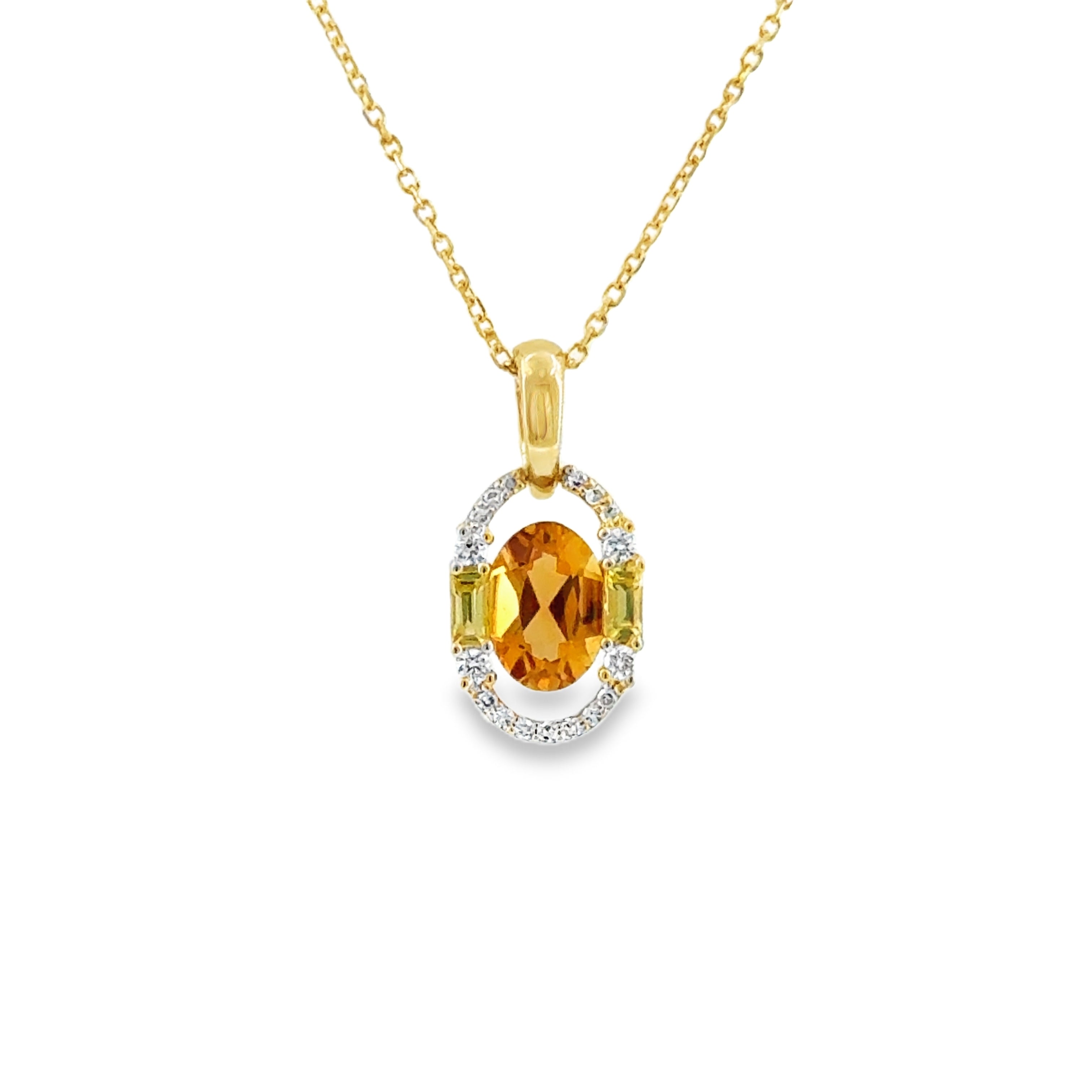 14 Karat Yellow Gold Modern Halo Pendant with .83ct Oval Citrine and .12ctw Yellow Sapphires, .08ctw Round Diamonds