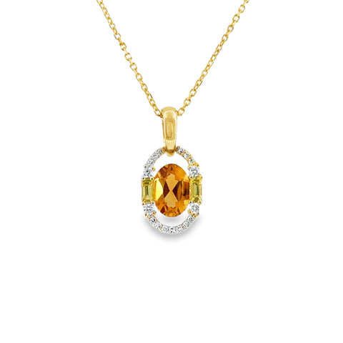 14 Karat Yellow Gold Modern Halo Pendant with .83ct Oval Citrine and .12ctw Yellow Sapphires, .08ctw Round Diamonds